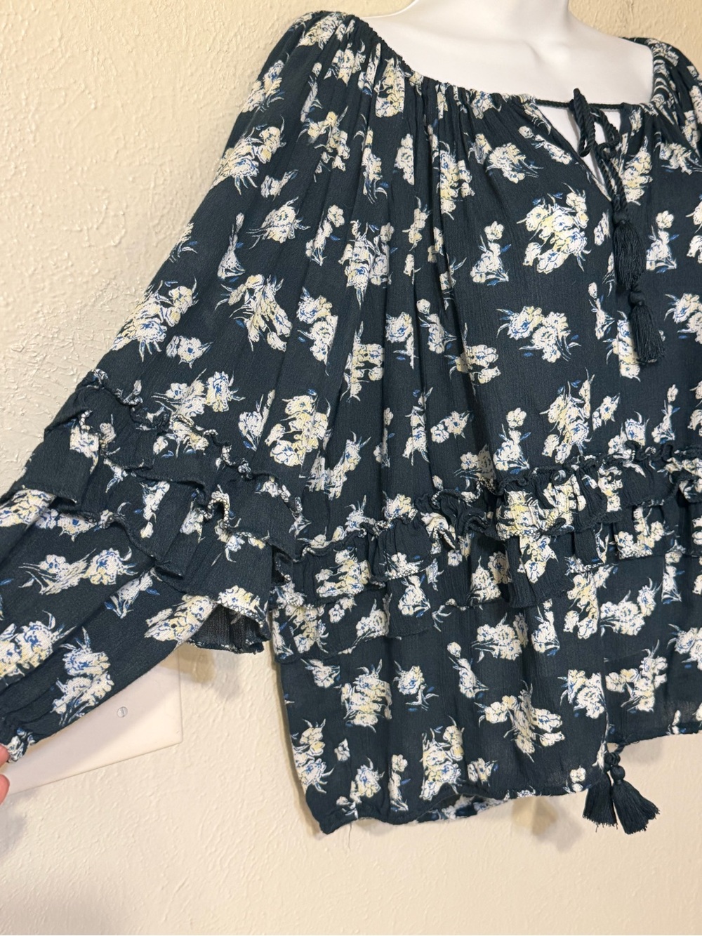 RL BOHO Denim & Supply Ralph Lauren Blue Floral Cottage Peasant Blouse Top - Picture 7 of 13